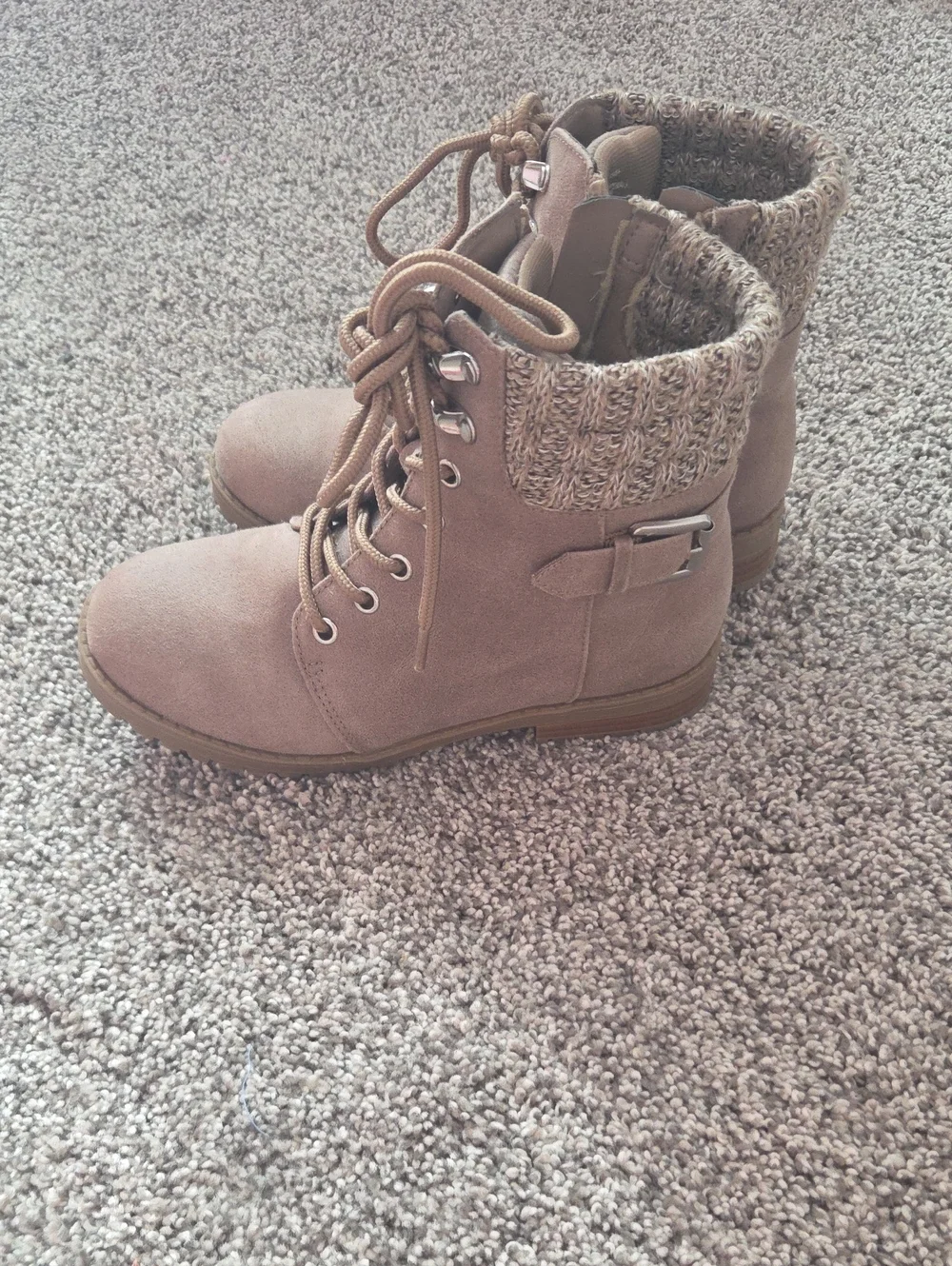 Sugar Knit-Cuff Lace-Up Ankle Boots in Taupe
